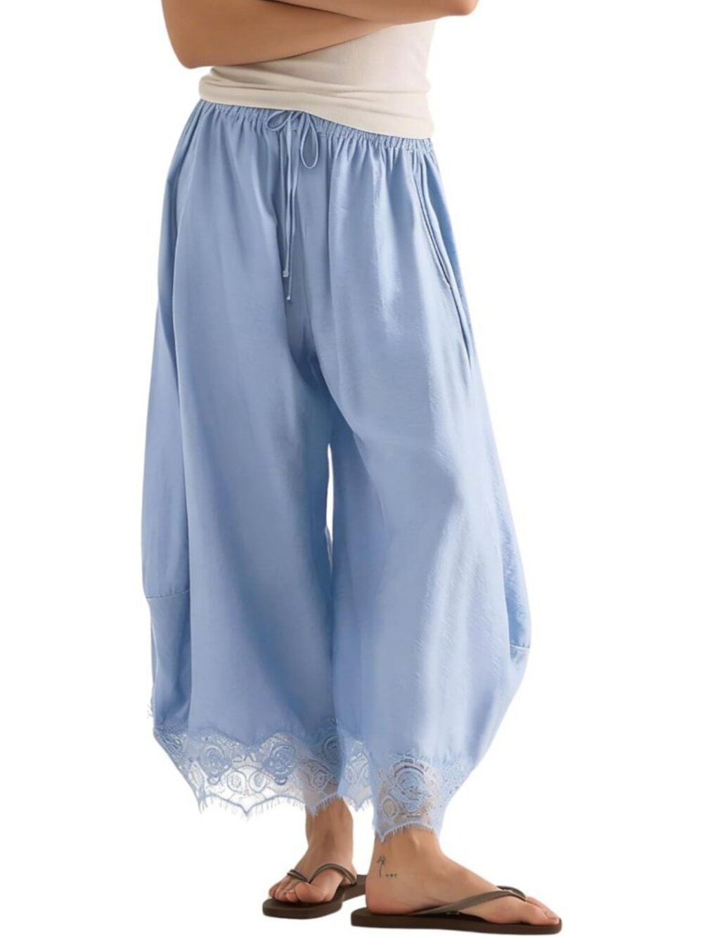 High-Waist Cropped Lace Hem Wide Leg Pants with Drawstring for Women